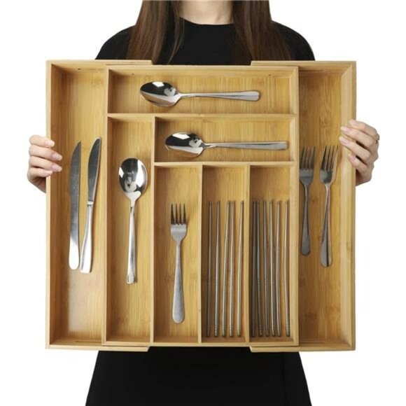 Expandable Bamboo Drawer Organizer Adjustable Utensil Cutlery Storage Tray - Picture 1 of 7